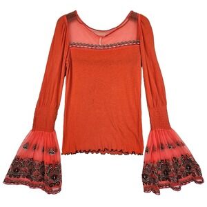 Free People High Tides Top Womens M Sheer Mesh Bell Flare Sleeve Boho Orange